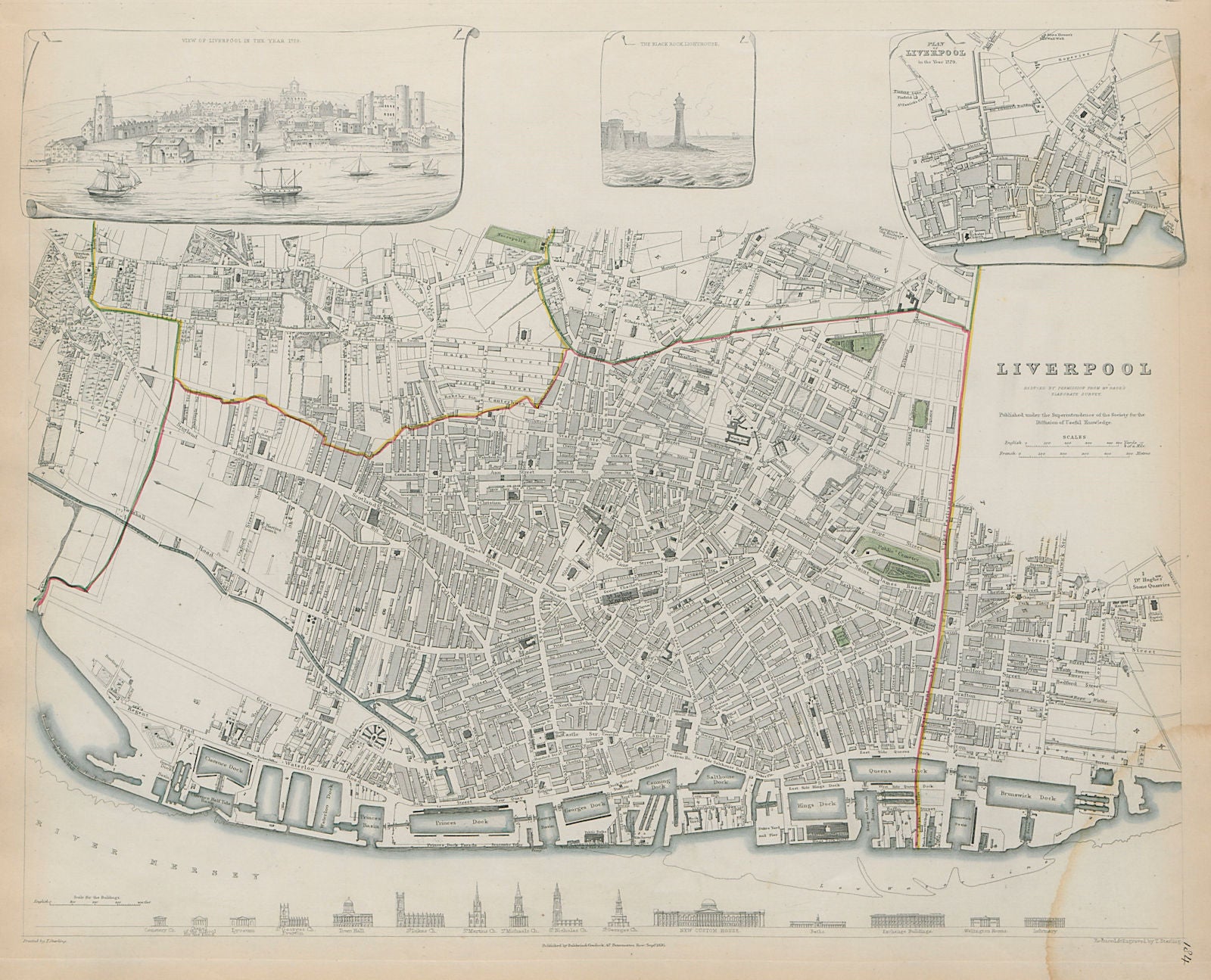 LIVERPOOL Antique city town map. View & plan in 1729 Buildings SDUK 1844